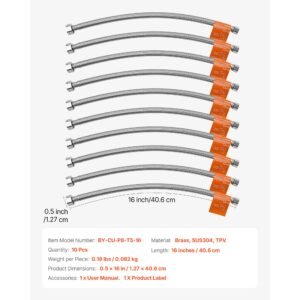 faucet hose connector, 16 inch length, 3/8 inch comp x 1/2 inch fip 10 pack braided stainless steel faucet supply line, faucet hose connects kitchen bathroom sink to water supply, certified safe