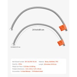 faucet hose connector, 24 inch length, 3/8 inch comp x 1/2 inch fip 2 pack braided stainless steel faucet supply line, faucet hose connects kitchen bathroom sink to water supply, certified safe
