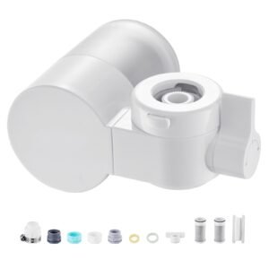Faucet Mount Water Filter, Horizontal Water Purifier for Sink Tap, Carbon Fiber Filter, Removes Chlorine Lead with 3 Filters, Fits Most Kitchen or Bathroom Faucets, White