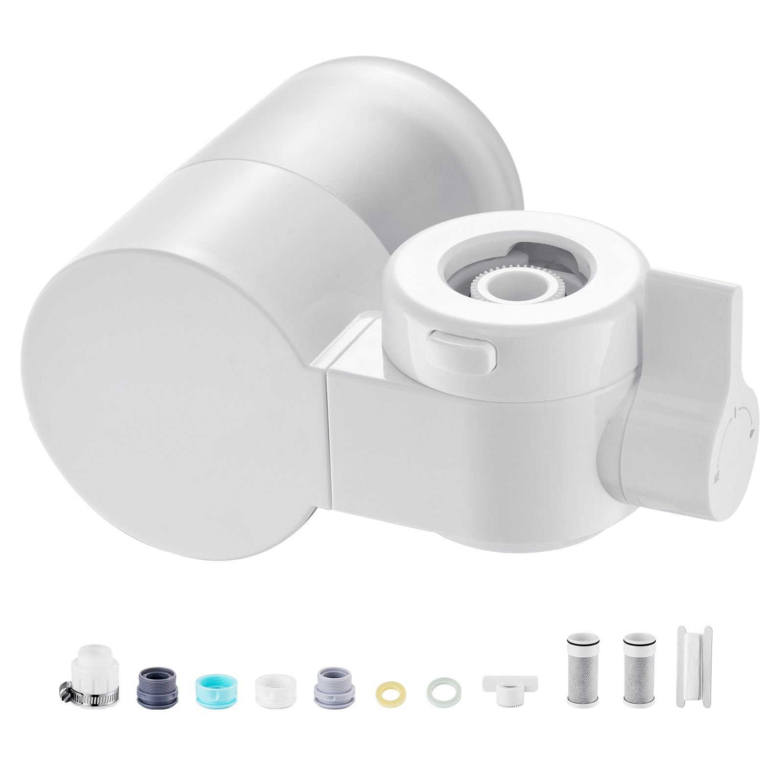 faucet mount water filter, horizontal water purifier for sink tap, carbon fiber filter, removes chlorine lead with 3 filters, fits most kitchen or bathroom faucets, white