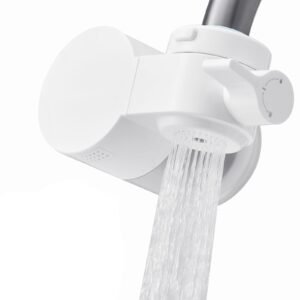 faucet mount water filter, horizontal water purifier for sink tap, carbon fiber filter, removes chlorine lead with 3 filters, fits most kitchen or bathroom faucets, white