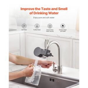 faucet mount water filter, horizontal water purifier for sink tap, carbon fiber filters, removes chlorine lead with 1 filter, fits most kitchen or bathroom faucets, gray
