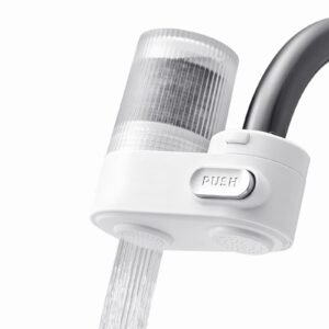 faucet mount water filter, vertical water purifier for sink tap, carbon fiber filter, removes chlorine lead with 3 filters, fits most kitchen or bathroom faucets, white