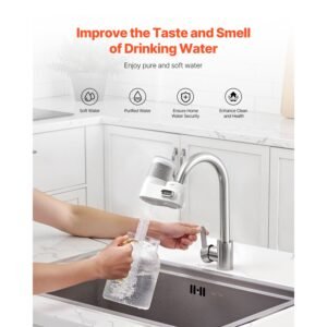 faucet mount water filter, vertical water purifier for sink tap, carbon fiber filters, removes chlorine lead with 1 filter, fits most kitchen or bathroom faucets, white