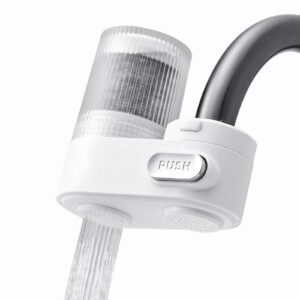 faucet mount water filter, vertical water purifier for sink tap, carbon fiber filters, removes chlorine lead with 1 filter, fits most kitchen or bathroom faucets, white