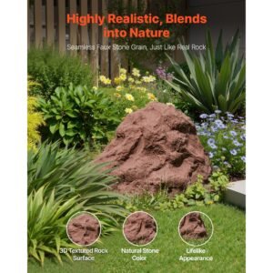 faux rock cover, outdoor fake rock well pump cover, realistic natural texture, lightweight & weather resistant polyresin artificial boulder for landscaping garden yard décor, brown, small size