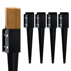 Fence Post Anchor Ground Spike, 4 Pack 24 x 4 x 4 Inches Outer Diameter (Inner Diameter 3.5 x3.5 Inches), Metal Black Powder Coated Post Stake Ground, for Mailbox Deck Garden Railing