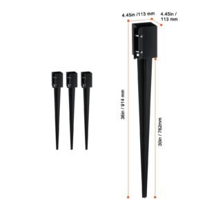 fence post anchor ground spike, 4 pack 36 x 4 x 4 inches outer diameter (inner diameter 3.5 x3.5 inches), metal black powder coated post stake ground, for mailbox deck garden railing