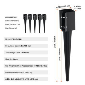 fence post anchor ground spike, 6 pack 24 x 4 x 4 inches outer diameter (inner diameter 3.5 x3.5 inches), metal black powder coated post stake ground, for mailbox deck garden railing