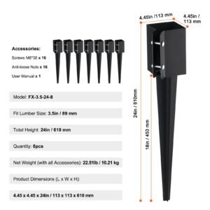 fence post anchor ground spike, 8 pack 24 x 4 x 4 inches outer diameter (inner diameter 3.5 x3.5 inches), metal black powder coated post stake ground, for mailbox deck garden railing