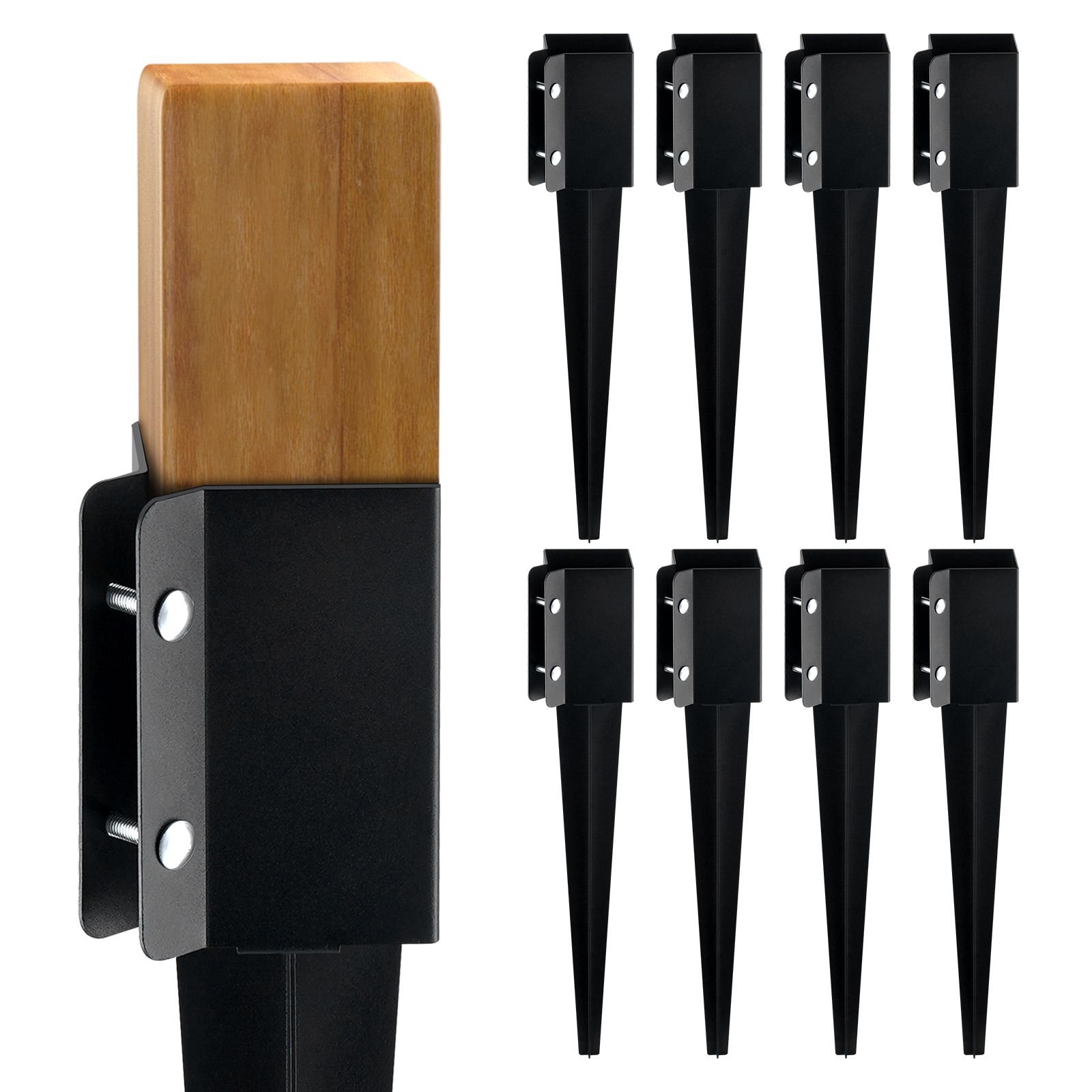 fence post anchor ground spike, 8 pack 24 x 4 x 4 inches outer diameter (inner diameter 3.5 x3.5 inches), metal black powder coated post stake ground, for mailbox deck garden railing