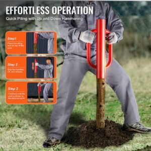 fence post driver with handles, 4.11 in inner diameter t post pole pounder, 22lb heavy duty carbon steel hand post rammer, farm fencing hole digger for u channel, sign pole, wooden post, red