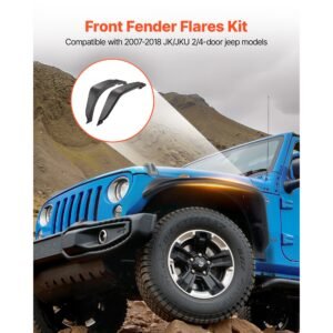 fender flare, front fender flares compatible with 2007 2018 jeep jk/jku 2/4 doors, off road steel liner set with led lighting, fenders for jeep jk, fine textured black paintable wheel flares set