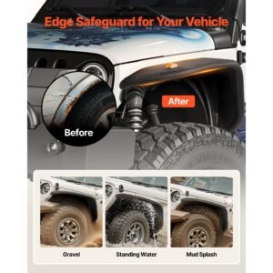 fender flare, front & rear jeep fender flares compatible with 2018 2024 jeeps jl/jlu 2/4 doors, off road steel liner set with led lighting, fine textured black paintable fenders for jeep jl