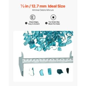 fire glass, 10 lbs / 4.5 kg high temperature resistant fireplace rocks, 1/2 inch / 12.7 mm reflective & smokeless firepit glass rock, high luster stone landscaping for fire pit table, aqua blue
