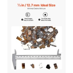 fire glass, 10 lbs / 4.5 kg high temperature resistant fireplace rocks, 1/2 inch / 12.7 mm reflective & smokeless firepit glass rock, high luster stone landscaping for fire pit table, copper