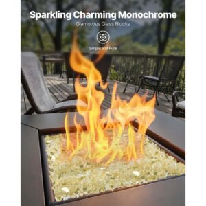fire glass, 10 lbs / 4.5 kg high temperature resistant fireplace rocks, 1/2 inch / 12.7 mm reflective & smokeless firepit glass rock, high luster stone landscaping for fire pit table, gold
