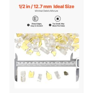 fire glass, 10 lbs / 4.5 kg high temperature resistant fireplace rocks, 1/2 inch / 12.7 mm reflective & smokeless firepit glass rock, high luster stone landscaping for fire pit table, gold