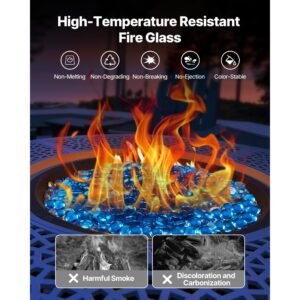 fire glass, 10 lbs / 4.5 kg high temperature resistant fireplace rocks, 3/4 inch / 19.05 mm reflective firepit glass beads, high luster stone landscaping for fire pit table, caribbean blue