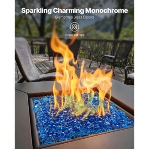 fire glass, 10lbs / 4.5kg high temperature resistant fireplace rocks, 1 inch / 25.4 mm reflective firepit glass diamond beads, high luster stone landscaping for fire pit table, caribbean blue