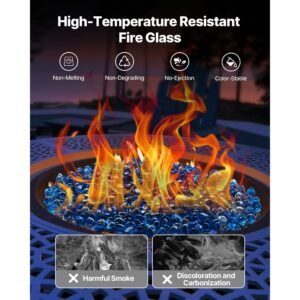fire glass, 10lbs / 4.5kg high temperature resistant fireplace rocks, 1 inch / 25.4 mm reflective firepit glass diamond beads, high luster stone landscaping for fire pit table, caribbean blue