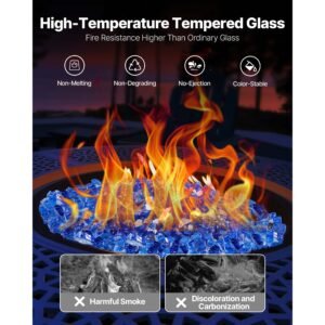 fire glass, 10lbs / 4.5kg high temperature resistant fireplace rocks, 1/2 inch / 12.7 mm reflective & smokeless firepit glass rock, high luster stone landscaping for fire pit table, cobalt blue