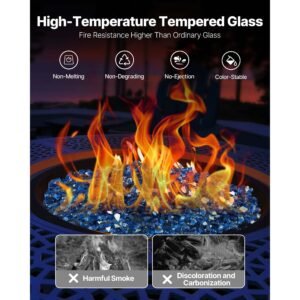 fire glass, 10lbs / 4.5kg high temperature resistant fireplace rocks, 1/2 inch / 12.7 mm reflective & smokeless firepit glass rock, high luster stone landscaping for fire pit table, pacific blue