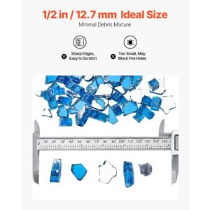 fire glass, 10lbs / 4.5kg high temperature resistant fireplace rocks, 1/2 inch / 12.7 mm reflective & smokeless firepit glass rock, high luster stone landscaping for fire pit table, pacific blue