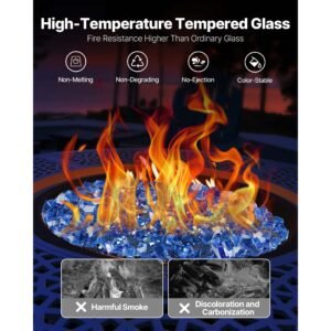 fire glass, 10lbs / 4.5kg high temperature resistant fireplace rocks, 1/4 inch / 6.35 mm reflective & smokeless firepit glass rock, high luster stone landscaping for fire pit table, cobalt blue