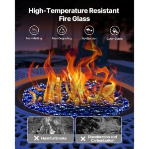 fire glass, 10lbs/4.5kg high temperature resistant fireplace rocks, 3/4 inch / 19.05 mm reflective & smokeless firepit glass beads, high luster stone landscaping for fire pit table, cobalt blue