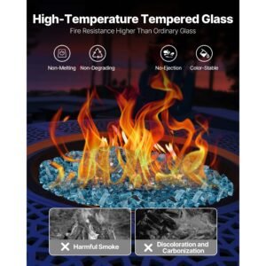 fire glass, 20 lbs / 9 kg high temperature resistant fireplace rocks, 1/2 inch / 12.7 mm reflective & smokeless firepit glass rock, high luster stone landscaping for fire pit table, aqua blue