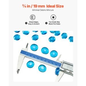 fire glass, 20 lbs / 9.0 kg high temperature resistant fireplace rocks, 3/4 inch / 19.05 mm reflective firepit glass beads, high luster stone landscaping for fire pit table, caribbean blue