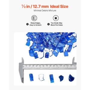 fire glass, 20lbs / 9kg high temperature resistant fireplace rocks, 1/2 inch / 12.7 mm reflective & smokeless firepit glass rock, high luster stone landscaping for fire pit table, cobalt blue