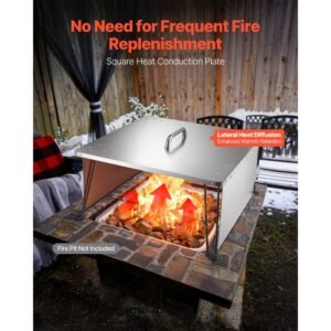 fire pit heat deflector, 25.4x25.4x14.6 inch square outdoor burner cover, stainless steel bonfire camping wood burning, push heat down and out with 4 foldable legs & carrying handle