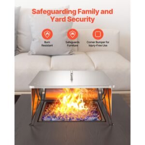 fire pit heat deflector, 25.4x25.4x14.6 inch square outdoor burner cover, stainless steel bonfire camping wood burning, push heat down and out with 4 foldable legs & carrying handle
