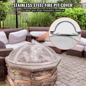fire pit spark screen round 27", reinforced heavy duty steel metal cover, outdoor firepit lid, easy opening top screen covers round with ring handle for outdoor patio fire pits backyard