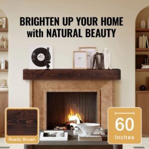 fireplace mantel, 60" x 8" x 6", 50 lbs weight capacity, natural wood mantel for over fireplace, wall mounted floating farmhouse shelf, handcrafted fireplace mantel for wall decor, rustic brown