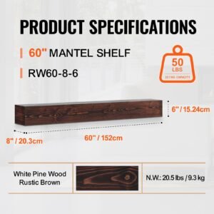 fireplace mantel, 60" x 8" x 6", 50 lbs weight capacity, natural wood mantel for over fireplace, wall mounted floating farmhouse shelf, handcrafted fireplace mantel for wall decor, rustic brown