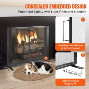 fireplace screen 1 panel with door, sturdy iron mesh fireplace screen, 38.98"(l) x30.7"(h) spark guard cover, simple installation, free standing fire fence grate for living room home decor moder