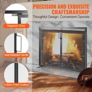 fireplace screen 1 panel with door, sturdy iron mesh fireplace screen, 38.98"(l) x30.7"(h) spark guard cover, simple installation, free standing fire fence grate for living room home decor moder