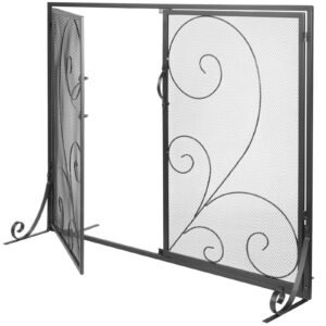 Fireplace Screen 1 Panel with Door, Sturdy Iron Mesh Fireplace Screen, 39"(L) x31.6"(H) Spark Guard Cover, Simple Installation, Free Standing Fire Fence Grate for Living Room Home Decor Vintage