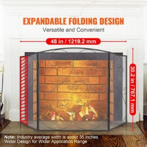 fireplace screen 3 panel, sturdy iron mesh fireplace screen, 48"(l) x30.2"(h) spark guard cover, no assembly required, free standing fireplace fence grate for living room home decor vintage blac
