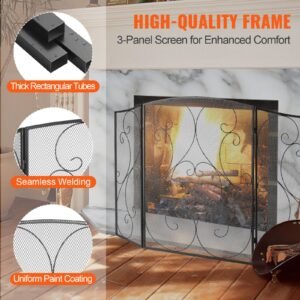 fireplace screen 3 panel, sturdy iron mesh fireplace screen, 48"(l) x30.2"(h) spark guard cover, no assembly required, free standing fireplace fence grate for living room home decor vintage blac