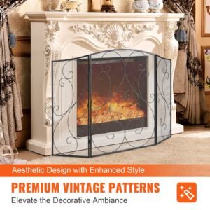 fireplace screen 3 panel, sturdy iron mesh fireplace screen, 48"(l) x30.2"(h) spark guard cover, no assembly required, free standing fireplace fence grate for living room home decor vintage blac