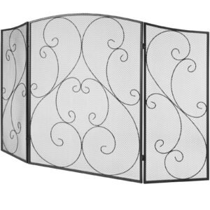Fireplace Screen 3 Panel, Sturdy Iron Mesh Fireplace Screen, 48"(L) x30.2"(H) Spark Guard Cover, No Assembly Required, Free Standing Fireplace Fence Grate for Living Room Home Decor Vintage Blac