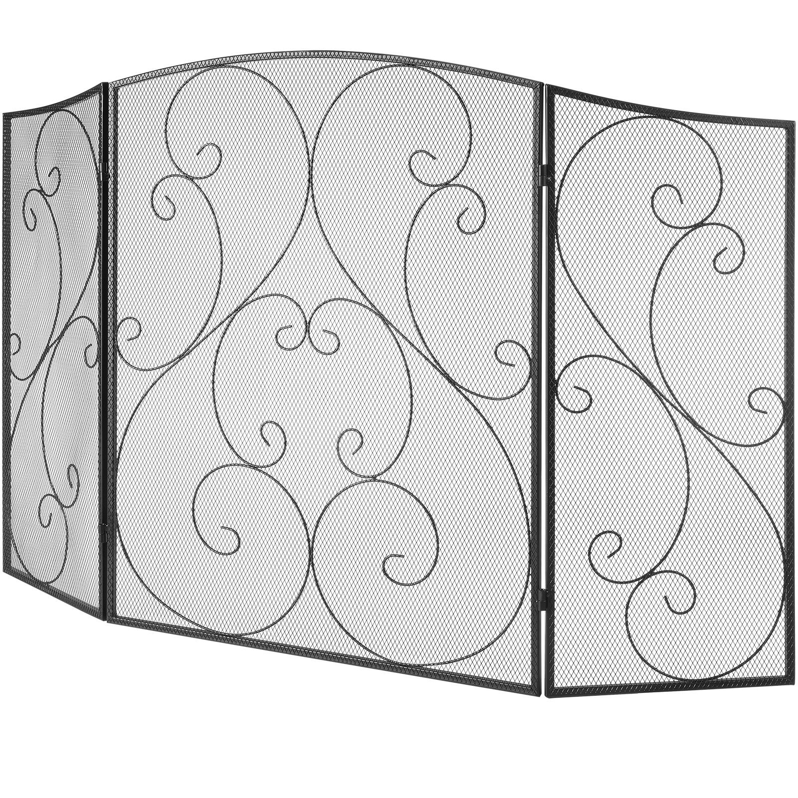 fireplace screen 3 panel, sturdy iron mesh fireplace screen, 48"(l) x30.2"(h) spark guard cover, no assembly required, free standing fireplace fence grate for living room home decor vintage blac
