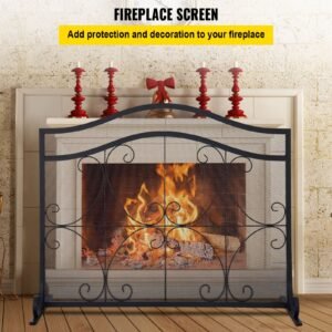 fireplace screen, 38 x 26.5 inch,heavy duty iron freestanding spark guard with support, metal mesh craft, broom tong shovel poker included for fireplace decoration & protection, black