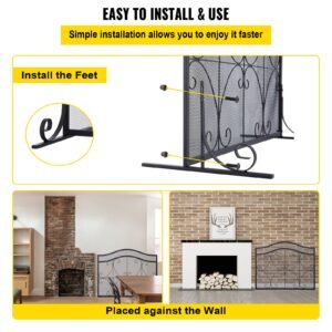 fireplace screen, 38 x 26.5 inch,heavy duty iron freestanding spark guard with support, metal mesh craft, broom tong shovel poker included for fireplace decoration & protection, black