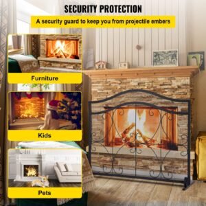 fireplace screen, 38 x 26.5 inch,heavy duty iron freestanding spark guard with support, metal mesh craft, broom tong shovel poker included for fireplace decoration & protection, black