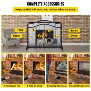 fireplace screen, 38 x 26.5 inch,heavy duty iron freestanding spark guard with support, metal mesh craft, broom tong shovel poker included for fireplace decoration & protection, black